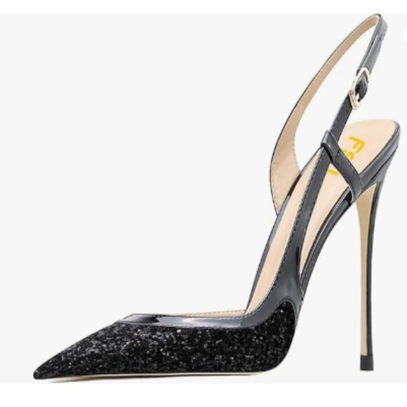 FSJ Black Glitter Pointed Toe D'Orsay High Heel Slingback Pumps Cutout Sandals - Picture 1 of 8